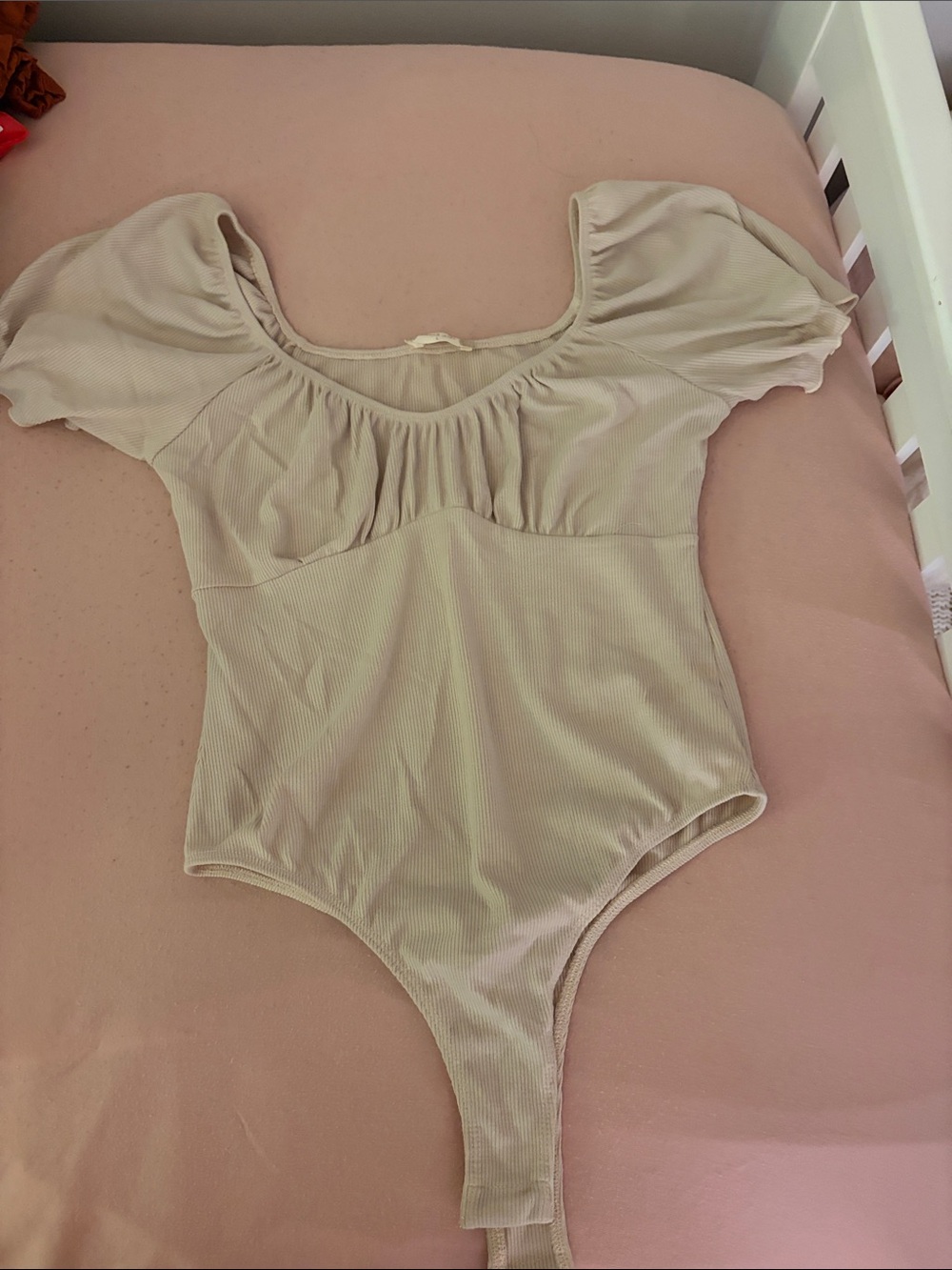 Altar'd State Cream Ribbed Puff Sleeve Bodysuit